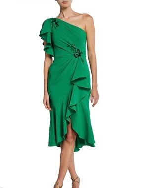 One-Shoulder Emerald Green Ruffled Cocktail Dress